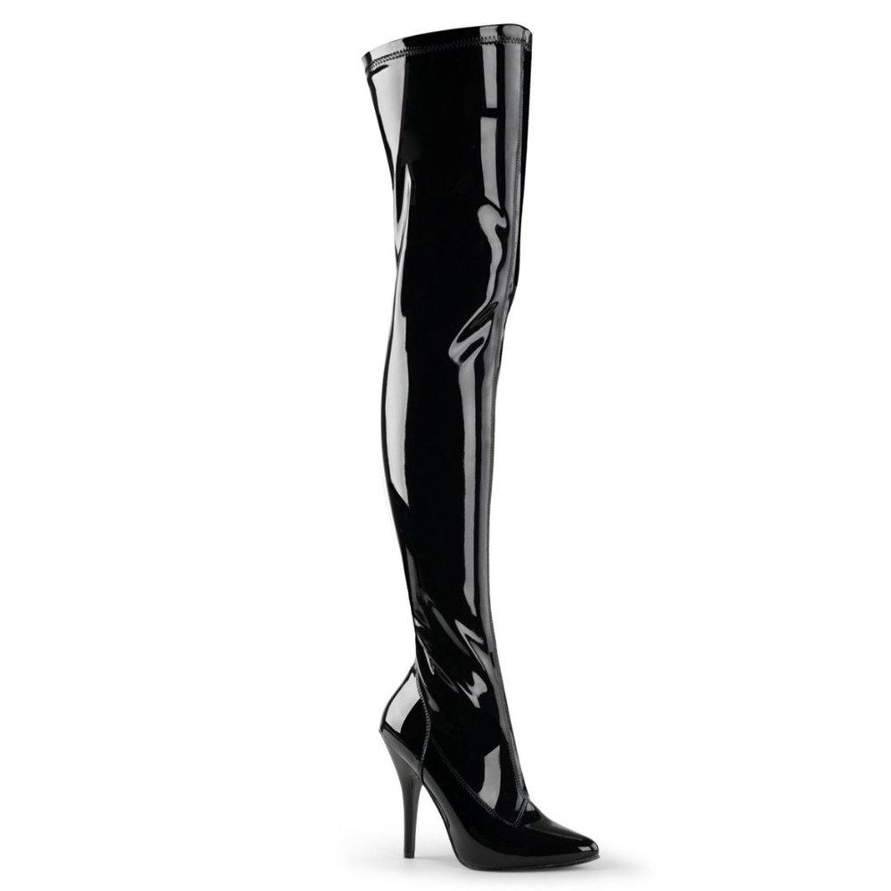 Pleaser Seduce 3000 Patent Stiletto Thigh High Boots - Black